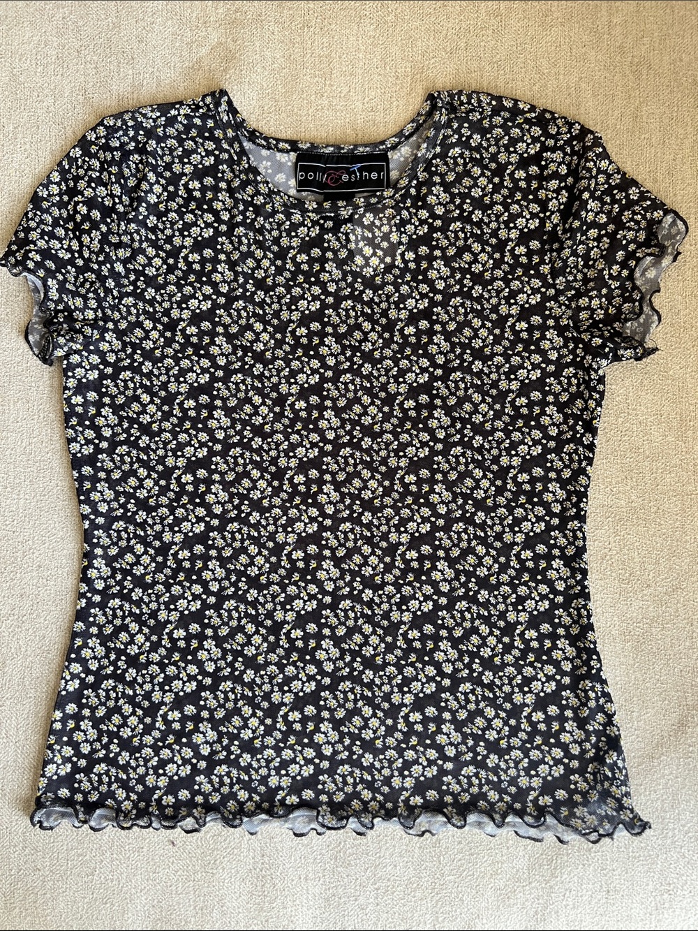 Polly & Esther Black Floral Mesh Short Sleeve Top